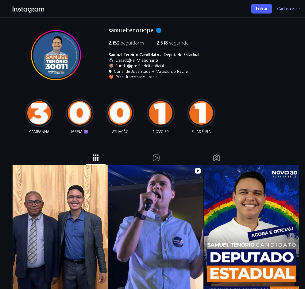 Captura do perfil público de Samuel Tenório no Instagram